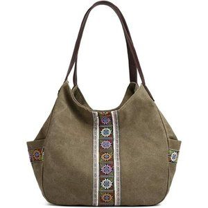 Women Canvas Hobo Purse Multi Pocket Handbag with Embroidery Ethnic